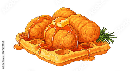 Delicious crispy fried chicken and golden waffles, generously covered in sweet maple syrup with a melting pat of butter, garnished with fresh rosemary, a mouth-watering visual
