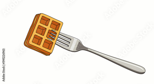 Golden brown waffle impaled on a metallic fork, isolated on a pure white background, representing breakfast or a sweet treat