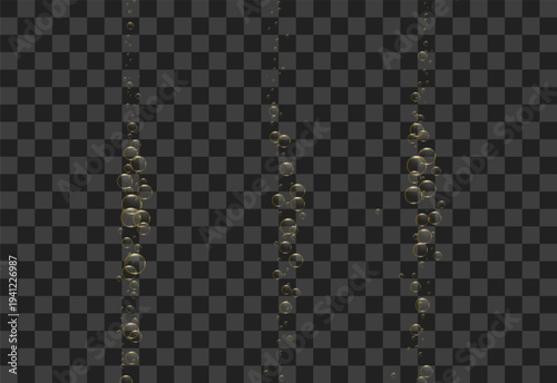 Golden bubbles of champagne, wine, beer, or soda rise to the surface. Realistic 3D vector.