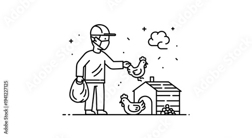 Farmer with mask feeding chickens at coop, rural farming, organic food production concept