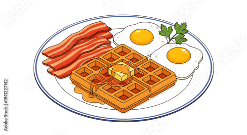 Delicious Breakfast Plate Featuring Golden Waffles with Syrup, Crispy Bacon Strips, and Two Sunny-Side-Up Eggs Garnished with Parsley