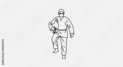 Farmer in protective gear holding a chicken, line art illustration