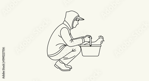 Farmer in hooded jacket and cap, crouching, placing chicken into basket, farm work, poultry farming