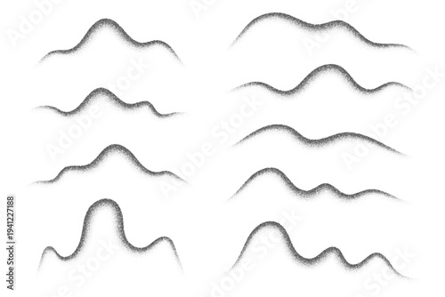 Dotted grainy gradient waves on white background. Abstract noisy textured mountains shapes. Stipple halftone effect elements. Dusty grunge liquid shades. Vector illustration