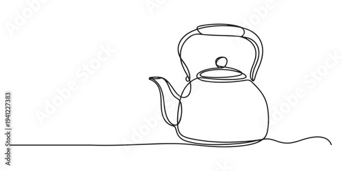 Continuous line illustration of a kettle with a handle and spout. One line drawing in a simple minimalist style, suitable for culinary themes, kitchen elements, and everyday household concepts.