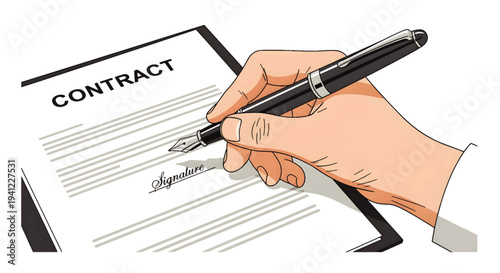 Hand signing a legal document on a paper with the word contract written on it, close-up of a person's hand holding a pen and signing a contract
