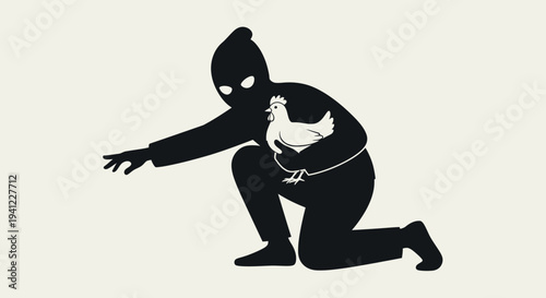 Burglar Stealing Chicken, Crime Concept, Rural Theft, Farm Animal Bandit