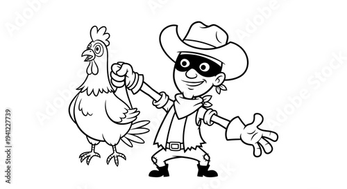 Cartoon Cowboy Bandit with Chicken - Coloring Page Vector Illustration