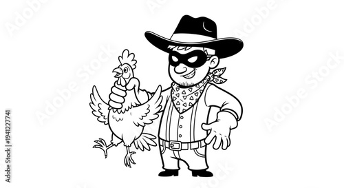 Cartoon Cowboy Bandit Stealing a Chicken, Funny Western Outlaw Character with Mask and Hat