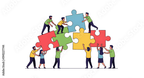 A vibrant illustration of diverse individuals collaborating to fit large, colorful puzzle pieces together, symbolizing teamwork, problem-solving, and building a united future
