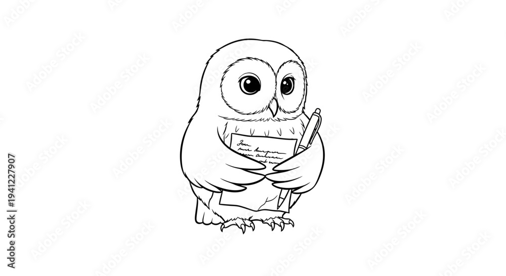 Fototapeta premium Cute Cartoon Owl Holding a Book and Pen, Black and White Line Art