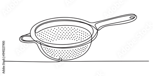 Hand-drawn kitchen strainer with handle – simple line art illustration. Continuous line drawing of a wire mesh strainer with handle. 