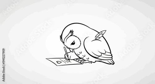 Cute Barn Owl Writing with Quill Pen on Paper, Cartoon Style