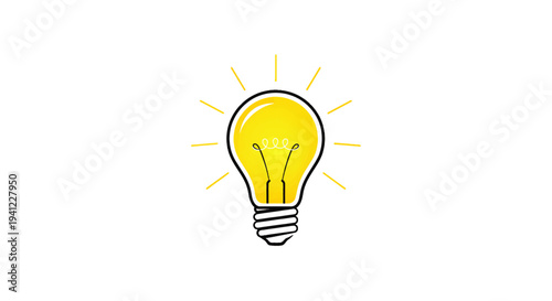 A bright idea shines with light rays emanating from a glowing incandescent lightbulb on a white background