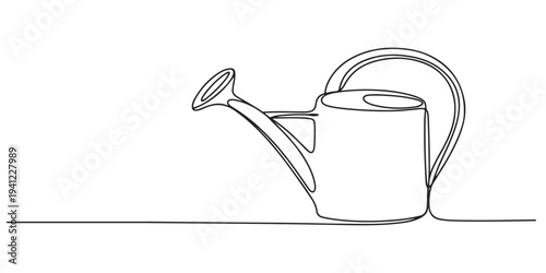 Continuous one line drawing of a watering can. Vector illustration of a garden tool for plants isolated on white background. Minimalist agriculture concept
