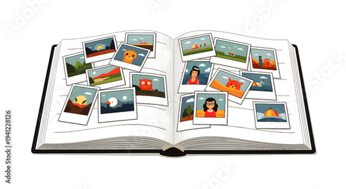 Open photo album filled with numerous colorful snapshots of outdoor scenery and people, creating a nostalgic and memory-filled display