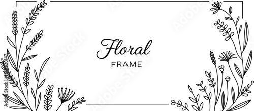 White floral frame with black line flowers and text floral frame in the center line black and white botanical