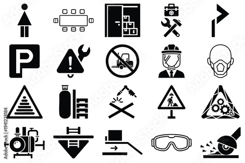 Set of 20 Black and White Industrial Safety and Workplace Hazard Icons Vector for Construction, Manufacturing, and Public Signage