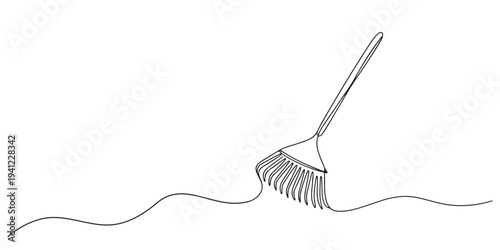 Gardening Fork or Hand Rake Single Line Drawing with Editable Stroke, Garden hand rake continuous one line drawing, Continuous one line drawing of gardener equipment in the bucket. Shovel, rake, glove