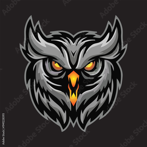 Vector illustration of a gray owl head with orange eyes