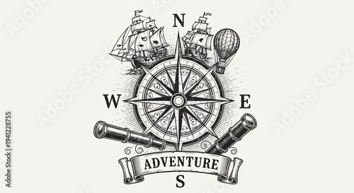 Vintage Adventure Emblem: Detailed Hand-Drawn Compass Rose with Sailing Ships, Hot Air Balloon, and Telescopes for Exploration