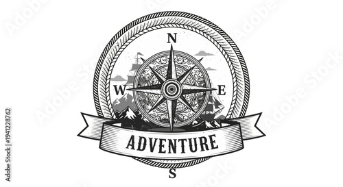 Vintage adventure emblem featuring a compass rose, sailing ship, and mountains. Retro navigation illustration for travel and exploration.