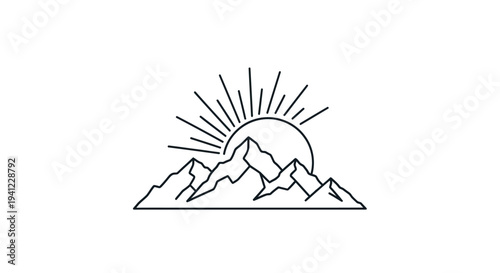 Minimalist line art illustration of mountain peaks with a rising sun and sunbeams, perfect for nature, adventure, travel designs