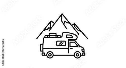 Camper van with mountains line art icon. RV travel, outdoor adventure, camping, and road trip concept vector illustration.