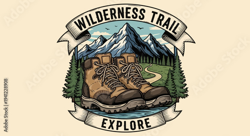 Outdoor Adventure Vector Illustration: Hand-Drawn Emblem with Hiking Boots, Majestic Mountains, Forest, and Wilderness Trail