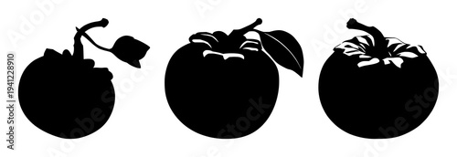 Persimmon set with solid black silhouette of a whole persimmon fruit with a small stem featuring botanical, seasonal, solid fill with white background and vector