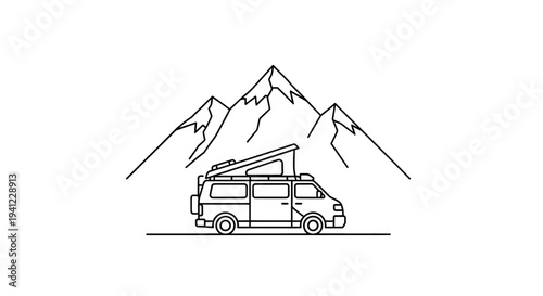 Outline illustration of a camper van with pop-top roof in front of mountains. Adventure, travel, road trip, nature, and outdoor recreation concept.
