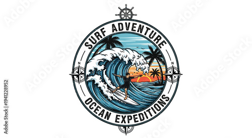 Vintage Style Surfing Adventure Logo with Ocean Wave, Silhouetted Palm Trees, and Vibrant Sunset Scene for Expeditions