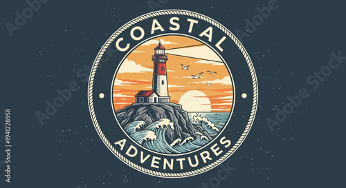 Retro Coastal Adventures Emblem with Lighthouse on Rocky Coast at Sunset, Ocean Waves, and Seagulls, Nautical Design