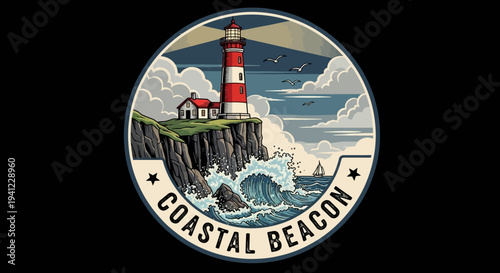 Vintage Lighthouse Illustration on Rocky Coastal Cliff with Crashing Ocean Waves, Distant Sailboat, and Soaring Seagulls