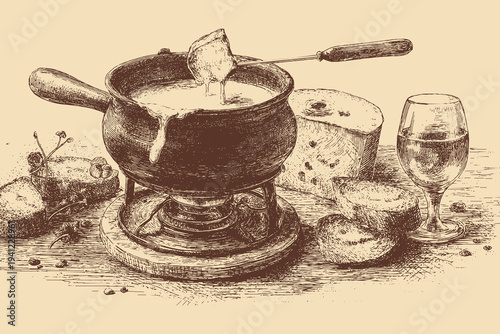 Cheese fondue pot (caquelon) illustration in a vintage style. This vector illustration can be used in any size you like for advertising, logos, and other work.
