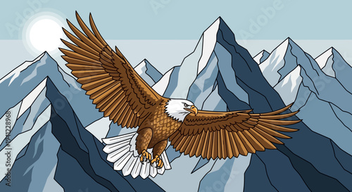 Majestic Eagle Soaring Above Snowy Mountain Peaks at Sunrise Illustration
