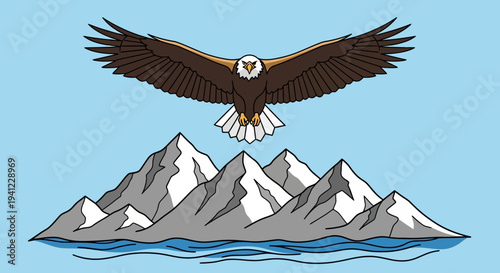 Vibrant illustration of a powerful eagle soaring over majestic snow-capped mountains and a blue lake, symbolizing nature and freedom.