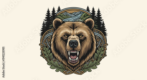 Fierce Grizzly Bear Head Illustration Roaring, Framed by Majestic Forest Mountains, River, and Oak Leaves