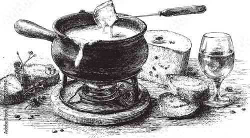 Cheese fondue pot (caquelon) illustration on a white background. This vector illustration can be used in any size you like for advertising, logos, and other work.
