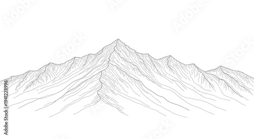 Detailed line art illustration of majestic mountain range with sharp peak, intricate contours, and rocky textures on a white background, hand-drawn.