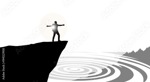 Minimalist silhouette of a person standing on a dramatic cliff edge, arms outstretched, looking over water with ripples, freedom concept.