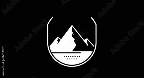Stylish minimalist mountain peak and lake emblem on black background. Flat design vector illustration for outdoor adventures and nature themes.