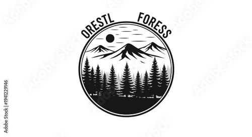 Retro circular black and white mountain forest silhouette illustration. Minimalist outdoor adventure emblem badge design.