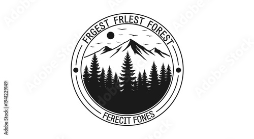 Circular vintage mountain and forest emblem design, black and white outdoor adventure badge with pine trees and sun