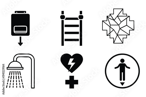 Set of 6 black and white vector icons featuring a water heater, ladder, abstract geometric pattern, shower, defibrillator, and an ascending person symbol, ideal for web, app