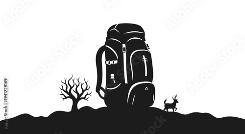 Minimalist outdoor adventure silhouette with large hiking backpack, leafless tree, and deer against a white background. Travel and wilderness concept.