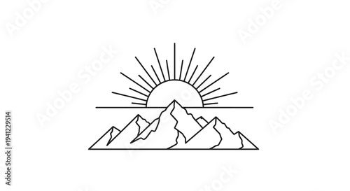 Minimalist Line Art Illustration of Mountain Range with Sun Rising, Outline Vector Graphic. Nature Landscape Design Element
