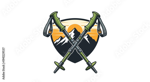Vector illustration of crossed hiking trekking poles with mountain landscape and sunrise emblem, perfect for outdoor adventure and travel.