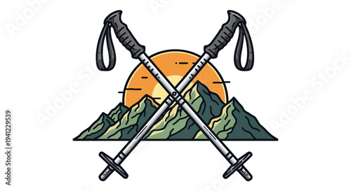 Crossed Hiking Poles with Mountain Landscape and Sunset Vector Illustration - Outdoor Adventure, Trekking, and Nature Exploration