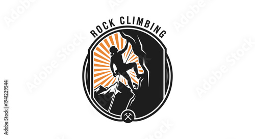 Vintage Rock Climbing Emblem Design with Climber Silhouette on Mountain Cliff, Outdoor Adventure Badge Vector Illustration